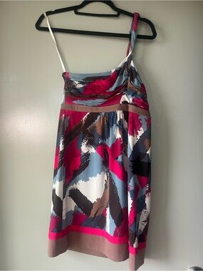 BCBGMaxAzria One-Shoulder Abstract Brushstroke Dress in Pink, Blue, Brown, White